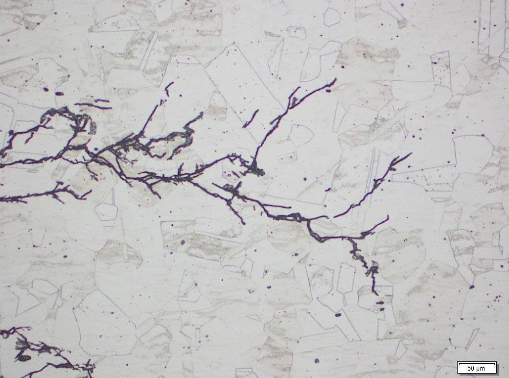 Failure Investigation: Transgranular Stress Corrosion Cracking Photomicrograph showing branched transgranular stress corrosion cracking (SCC) in an austenitic stainless steel.